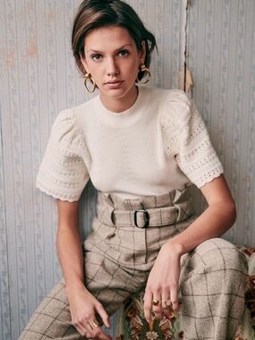 Sezane Scalloped Puff-Sleeve Knit Top in Cream